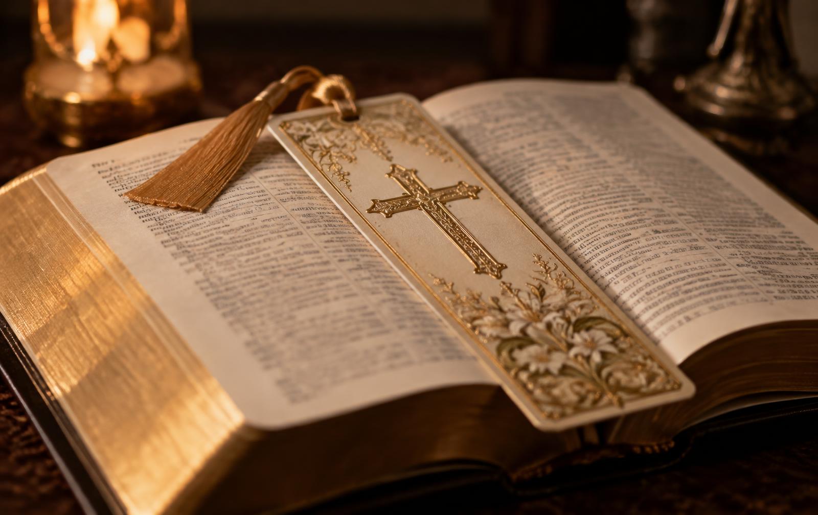 Marcapáginas católico ornamentado con cruz dorada y cinta de satén, marcando una página de la Biblia abierta