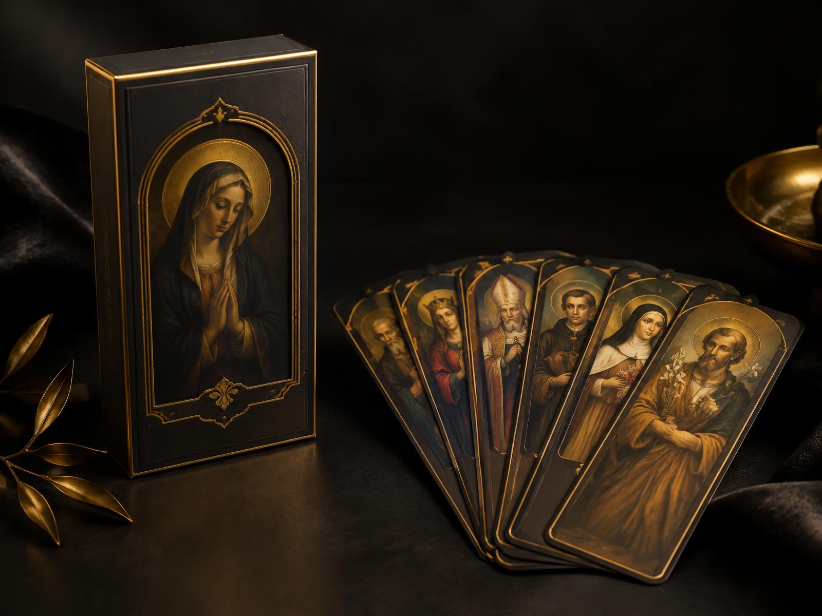 Mockup oficial de la colección Marcapáginas Católicos de la editorial Edições Fé Católica, con la caja coleccionable y los marcapáginas impresos