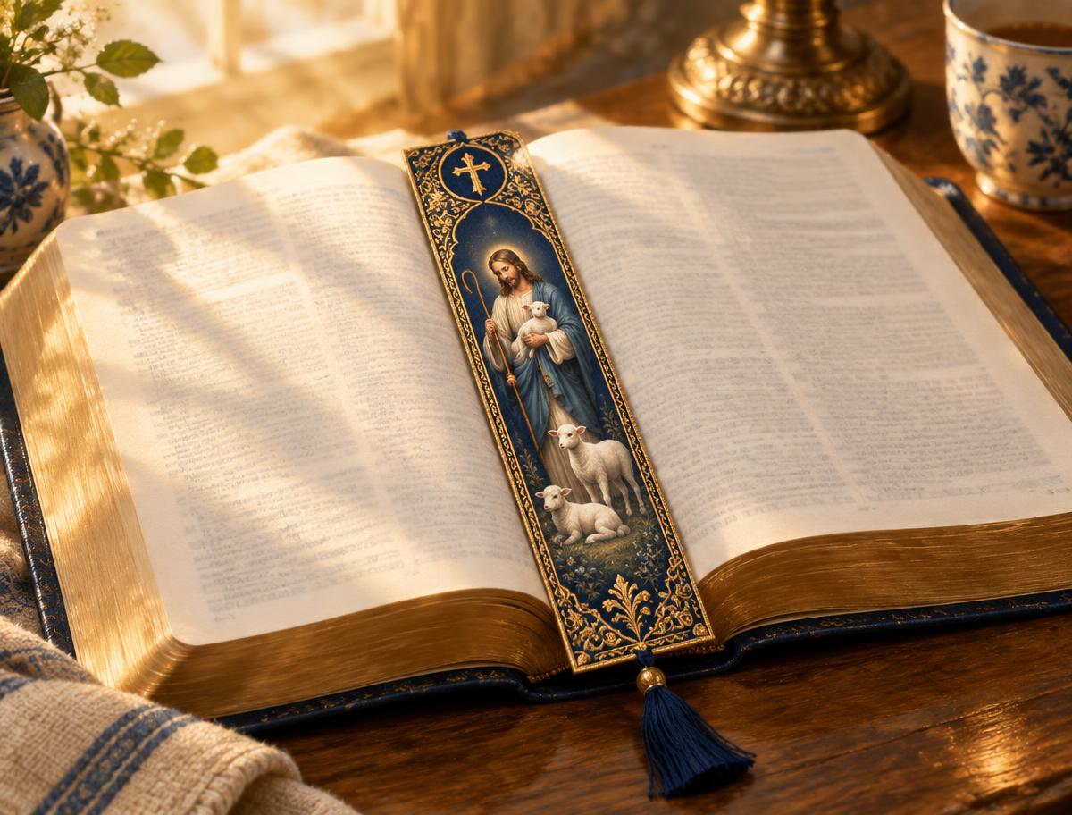 Marcapáginas católico del Buen Pastor marcando las páginas de una Biblia abierta